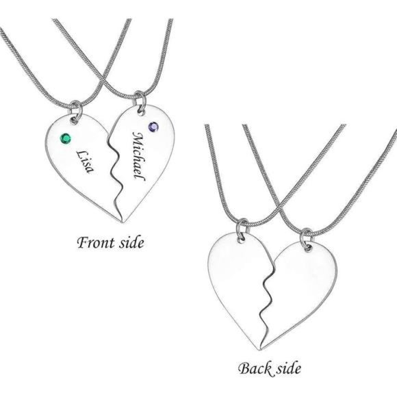 Stainless Steel Personalized Key Heart Puzzle Necklace Set with Birthstones - Picture 6 of 7